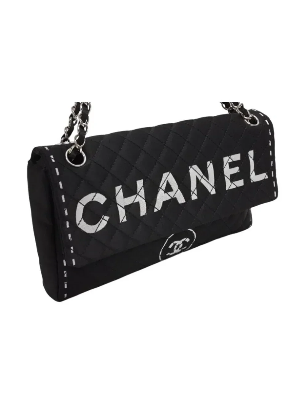 Chanel Quilted Jumbo CC Logo Chain Shoulder Bag Single Flap Black White Silver